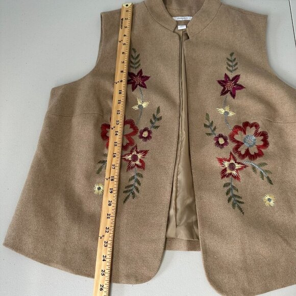 Dress Barn Vest Tan Floral Embroidered Wool Blend Lined Open Size 18W - Picture 11 of 12